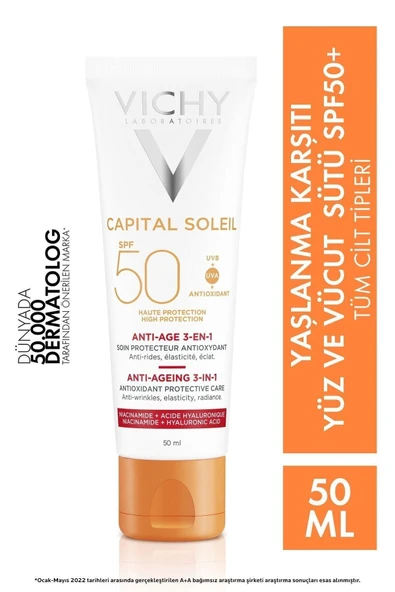 Vichy Capital Soleil High Protection 3 in 1 Anti-Aging Facial Sunscreen Spf 50+ 50 ml DKÜRÜN1517 ürün görseli 1