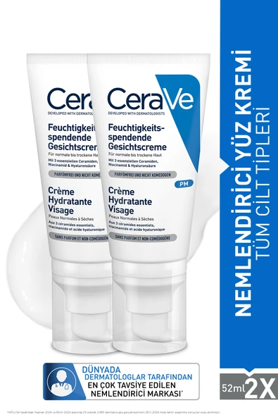 CeraVe Normal ve Kuru Ciltler İçin Hyalüronik Asit & Seramid İçerikli Nemlendirici Yüz Kremi 52 ML x2 Adet ürün görseli 1