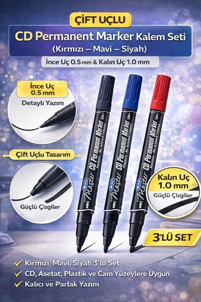 Çift Uçlu CD Permanent Marker 3'lü Set (Kırmızı – Mavi – Siyah) | İnce Uç 0.5 mm & Kalın Uç 1.0 mm ürün görseli 1