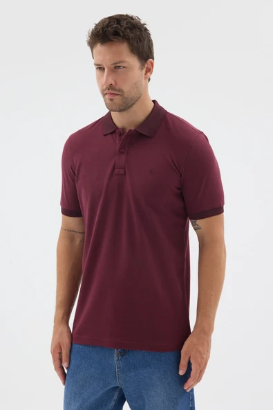 Bordo Polo Yaka Pike Kısa Kol Slim Fit %100 Pamuk Tişört 1011260171 ürün görseli 1