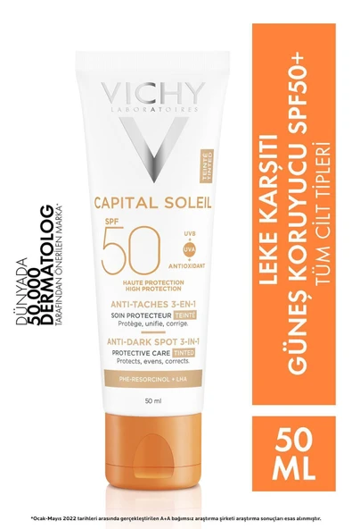 Vichy CAPİTAL SOLEİL COLORED ANTİ-BLEMİSH SPF50 SUNSCREEN FOR ALL SKİN TYPES 50ML KEYON725 ürün görseli 1