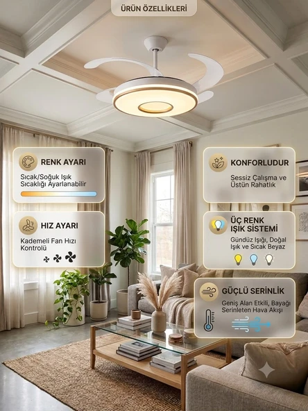 Tavan Vantilatörü Aydınlatmalı Gizli Kanat Pervaneli Kumandalı dimmerli 4 Kanatlı 3 Işık Renk modu GOLD ürün görseli 1