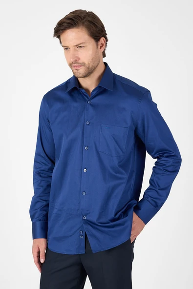 Lacivert Sert Yaka Uzun Kol Cepli Comfort Fit %100 Pamuk Gömlek 1004260323 ürün görseli 1