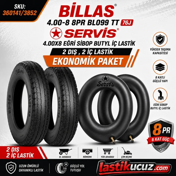 BİLLAS 4.00-8 TT İÇ LASTİK GEREKTİRİR  BL 099 8PR 8KAT 76J ÇAPA MAKİNESİ LASTİĞİ+ İÇ LASTİK (2ŞER ADET, TAKIM) ürün görseli 1