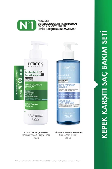Vichy Dercos Normal/Yağlı Saçlar İçin Saç Bakım Seti: Kepek Karşıtı Şampuan& Mineral Soft  Bakım Şampuan ürün görseli 1