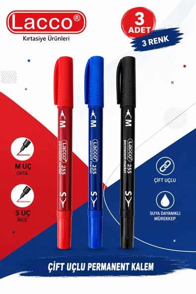 Lacco 255 Permanent Marker Kalem 3'lü Set Çift Uçlu M ve S Uç Siyah Mavi Kırmızı Kalıcı İşaretleme Kalemi ürün görseli 1