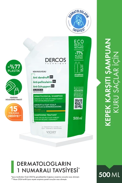 Vichy Dercos Anti-dandruff Kepek Karşıtı Bakım Şampuanı, Kuru Saçlar , Yeniden Dolum Paketi 500 ml ürün görseli 1