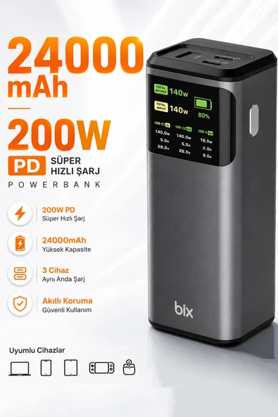 24000mAh 200W Powerbank 140W USB-C Çıkış Dijital Ekran 3 Port Laptop Telefon Taşınabilir Şarj Cihazı ürün görseli 1