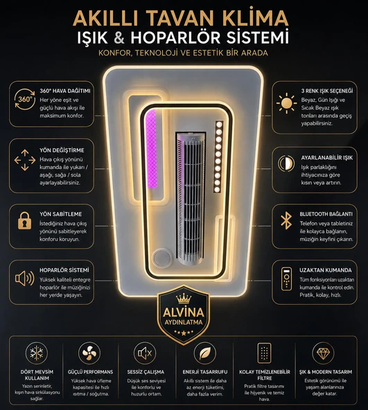 akıllı tavan ayarlanabilir klima modu bluetooth bağlı hoparlör sistemli ayarlanabilir renk ayarı ve dimmer özelliği beyaz panel ürün görseli 1