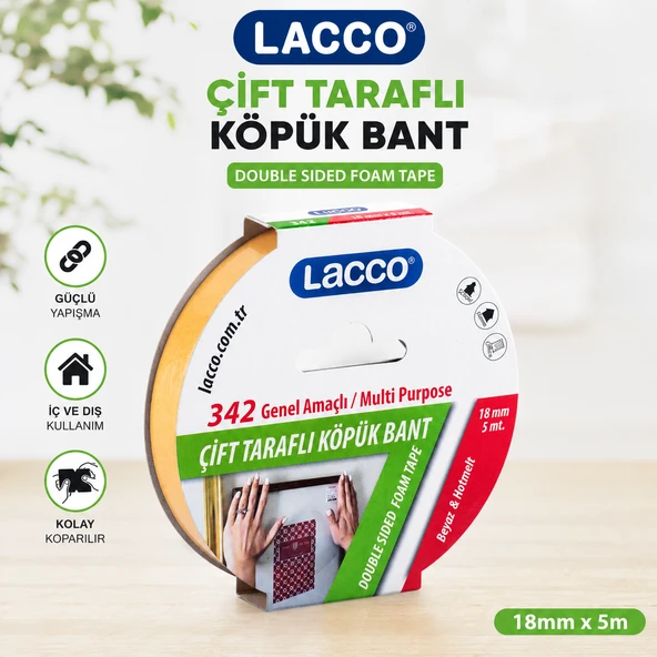 Lacco Çift Taraflı Köpük Bant 18 mm x 5 m Güçlü Yapışkanlı Çok Amaçlı Montaj Bandı Beyaz 1 Adet ürün görseli 1