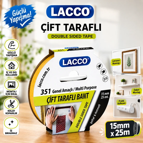 Lacco Çift Taraflı Bant 15 mm x 25 m Güçlü Yapışkanlı Montaj Bandı Çok Amaçlı Beyaz 1 Adet ürün görseli 1