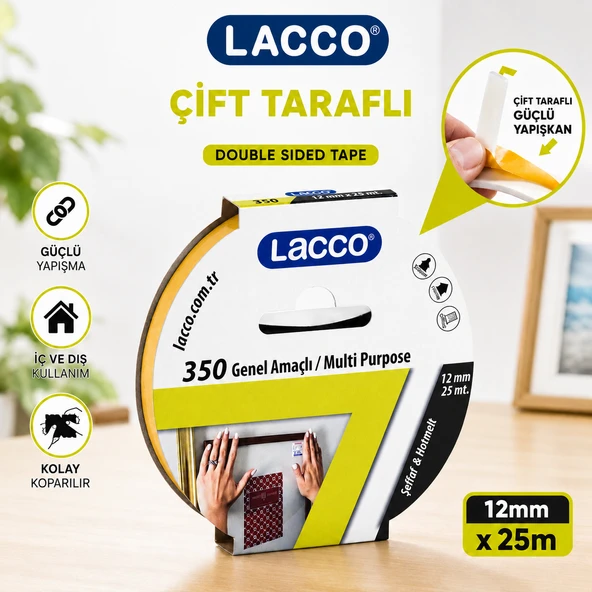 Lacco Çift Taraflı Bant 12 mm x 25 m Güçlü Yapışkanlı Montaj Bandı Çok Amaçlı Beyaz 1 Adet ürün görseli 1