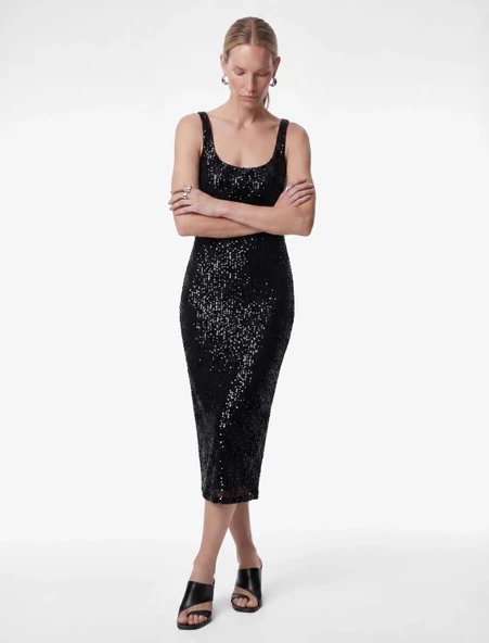 Pullu Payetli Kolsuz U Yaka Midi Slim Fit Abiye Elbise ürün görseli 1