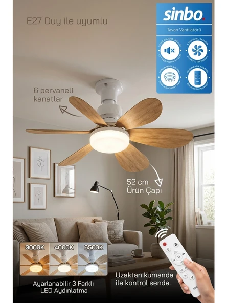 Sinbo SF-7708 3 LED Aydınlatmalı Sessiz Tavan Vantilatörü 6 Kanatlı Uzaktan Kumandalı Modern Tasarım ürün görseli 1