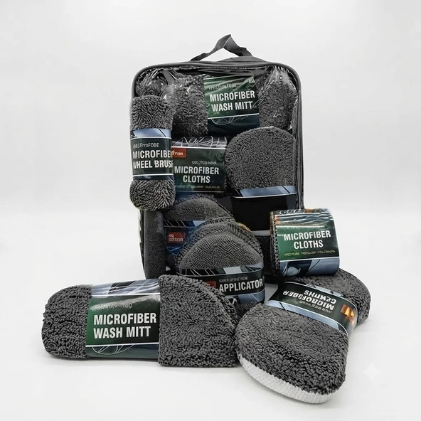 Profesyonel Oto Araç Temizleme Seti Mikrofiber Oto Yıkama Bakım Kiti Gri 9 Parça ürün görseli 1