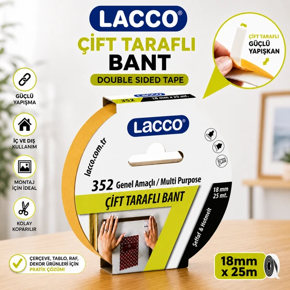 Lacco Çift Taraflı Bant 18 mm x 25 m Güçlü Yapışkanlı Montaj Bandı Çok Amaçlı Beyaz 1 Adet ürün görseli 1