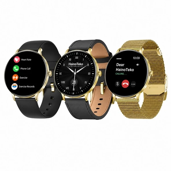 HainoTeko-27 Waterproof Akıllı Saat AMOLED Ekran Bluetooth Arama 3 Kordon Set Gold ürün görseli 1