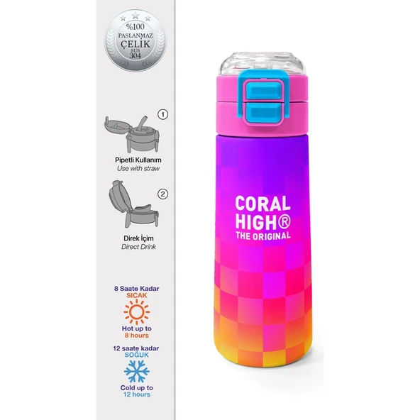 Coral High Kids Neon Renkli Dama Desenli Pipetli ve Direkt Içim Çelik Termos 500 ml 38103 ürün görseli 1
