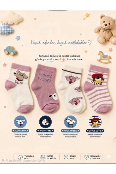 KIZ ÇOCUK KÖPEKLİ 5-6 YAŞ YIKAMALI KOKULU PAMUK PATİK ÇORAP ürün görseli 1
