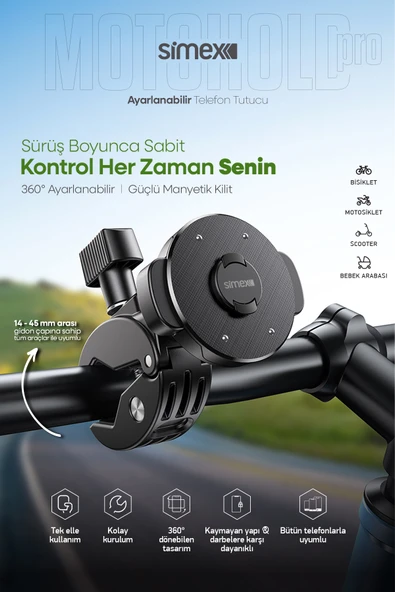 Simex Motosiklet, Bisiklet, Scooter, ATV Uyumlu 360° Gidon Bağlantılı, Tak Çıkar Telefon Tutucu ST-213 ürün görseli 1