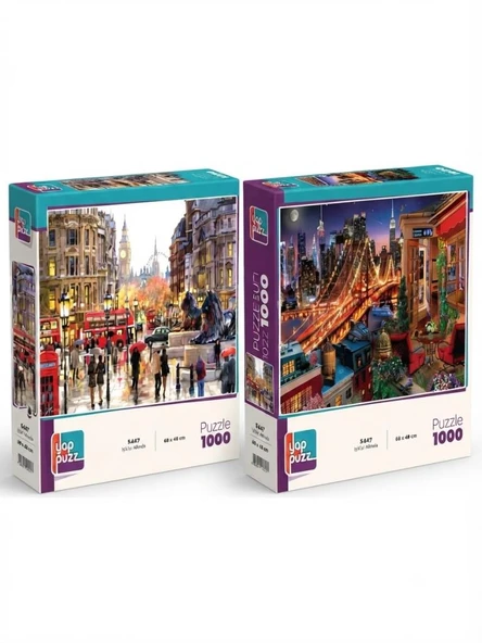 Londra Aslanı ve Işıklar Altında İkili Set - 2 x 1000 Parça Manzara İkili Puzzle Seti ürün görseli 1
