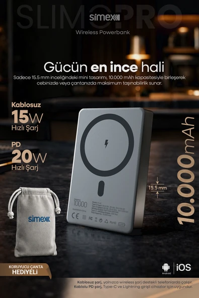 Simex iPhone 10000mAh MagSafe 20W Kablosuz Powerbank Şarj Cihazı Taşınabilir 17 16 15 14 13 12 Pro Max ürün görseli 1