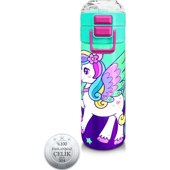 Coral High Kids Mor Su Yeşili Unicorn Desenli Pipetli ve Direkt Içim Çelik Termos 500 ml 31805 ürün görseli 1