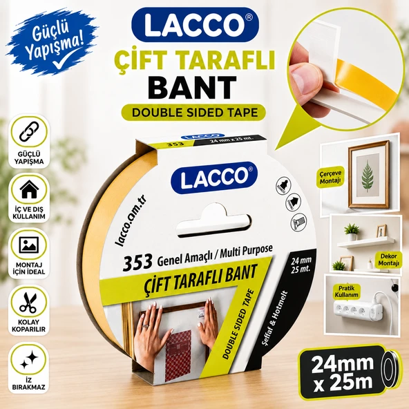 Lacco Çift Taraflı Bant 24 mm x 25 m Güçlü Yapışkanlı Montaj Bandı Çok Amaçlı Beyaz 1 Adet ürün görseli 1
