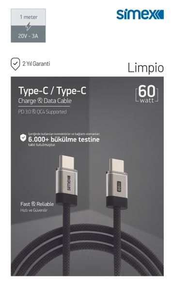 Simex 60W Hızlı Şarj Type-C to Type-C Kablo – İphone, Samsung, Redmi Uyumlu - QC 4 Destekli - 1M SPK-12 ürün görseli 1