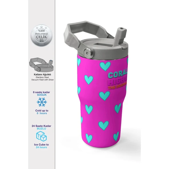 Coral High Neon Pembe Su Yeşili Kalp Desenli Katlanır Ağızlıklı Çelik Termos 600 ml 38908 ürün görseli 1