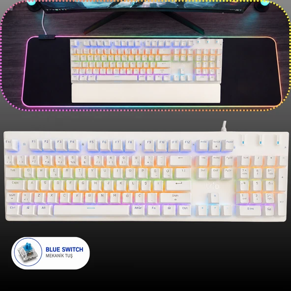Trio G8219X RGB Blue Switch Mekanik Oyuncu Klavyesi Türkçe Q Kablolu Bilek Destekli Beyaz ürün görseli 1