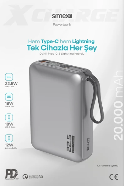 Simex 20.000 mAh 22.5W Hızlı Şarj PD Powerbank Kendinden Kablolu ve Dijital Göstergeli Taşınabilir Cihazı ürün görseli 1