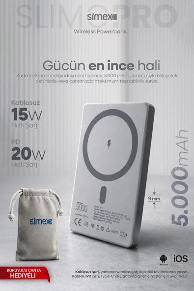 Simex iPhone uyumlu 5000mAh MagSafe 20W Kablosuz Powerbank Şarj Cihazı Taşınabilir 17 16 15 14 13 12 P Max ürün görseli 1