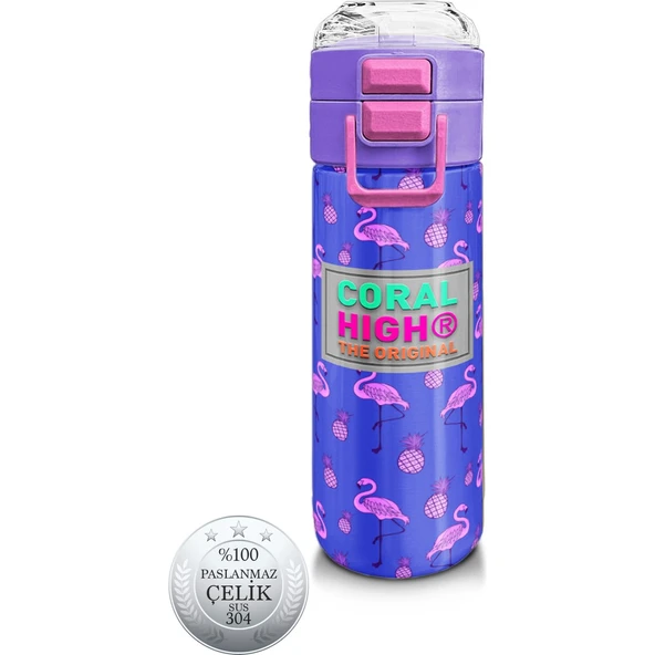 Coral High Kids Lavanta Pembe Flamingo Desenli Pipetli ve Direkt Içim Çelik Termos 500 ml 31905 ürün görseli 1