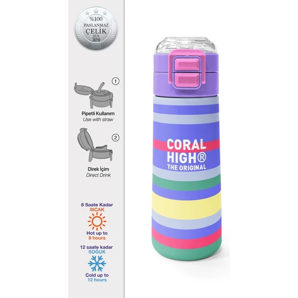 Coral High Kids Milka Gri Sarı Çizgi Desenli Pipetli ve Direkt Içim Çelik Termos 500 ml 38102 ürün görseli 1