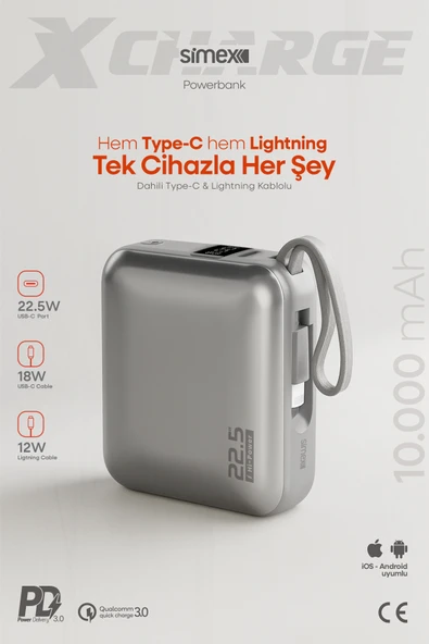 Simex 10.000 mAh 22.5W Hızlı Şarj PD Powerbank Kendinden Kablolu ve Dijital Göstergeli Taşınabilir Cihazı ürün görseli 1