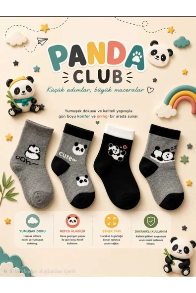 ÇOCUK PANDA DESENLİ 7-8 YAŞ YIKAMALI KOKULU PAMUK PATİK ÇORAP ürün görseli 1