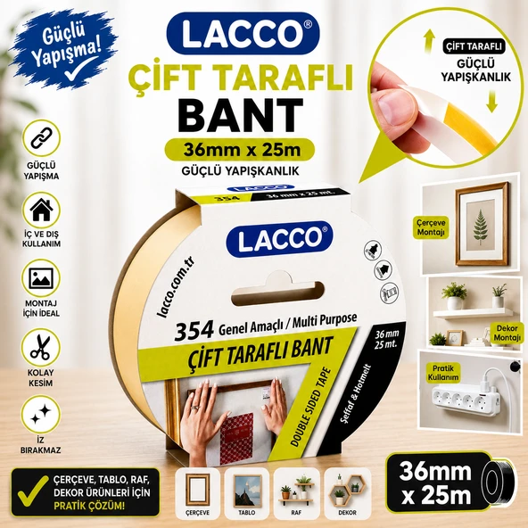 Lacco Çift Taraflı Bant 36 mm x 25 m Güçlü Yapışkanlı Montaj Bandı Çok Amaçlı Beyaz 1 Adet ürün görseli 1