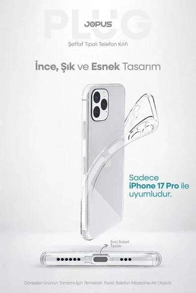 Jopus iPhone 17 Pro Şeffaf Silikon Kılıf Kamera Korumalı Darbe Emicili Tıpalı JS-238 ürün görseli 1