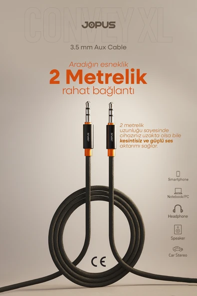 Jopus 3.5mm Aux To 3.5mm Aux Ses Kablosu Stereo Destekli Örgülü 2 Metre ürün görseli 1