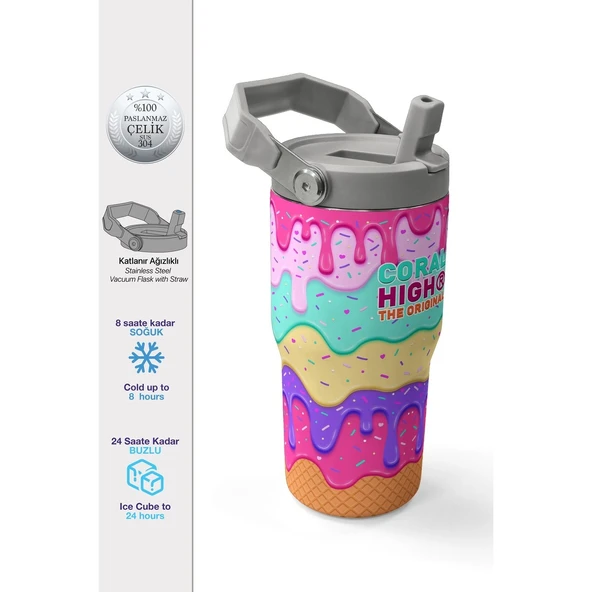 Coral High Dondurma Desenli Katlanır Ağızlıklı Çelik Termos 600 ml 38907 ürün görseli 1