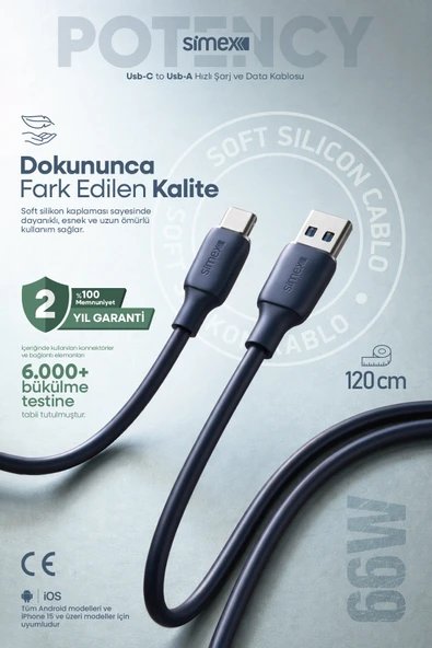 Simex 66W Hızlı Şarj Usb/Type-C Kablo–Samsung, Huawei, Honor, Uyumlu - Soft Silikon, Dayanıklı 1.2M SPK-14 ürün görseli 1