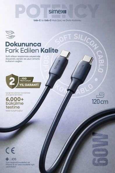 Simex 60W Hızlı Şarj Type-C Kablosu–İphone, Samsung, Redmi, Uyumlu, Soft Silikon, Dayanıklı 1.2M SPK-14 ürün görseli 1