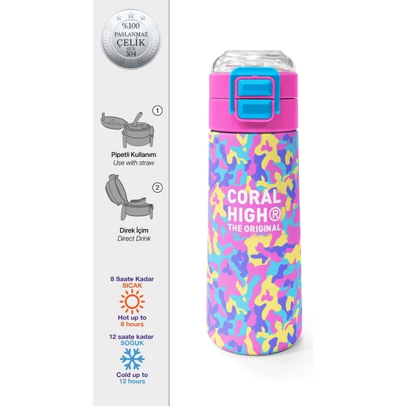 Coral High Kids Pembe Sarı Lavanta Kamuflaj Desenli Pipetli ve Direkt Içim Çelik Termos 500 ml 38101 ürün görseli 1