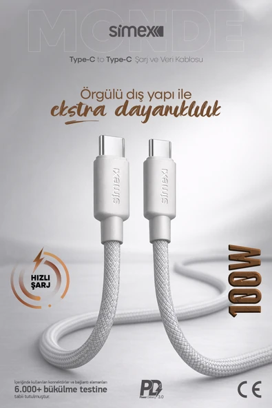 Simex 100W Type-C to Type-C Hızlı Şarj Kablosu | iPhone Samsung Xiaomi Uyumlu | Gri | 1 Metre ürün görseli 1