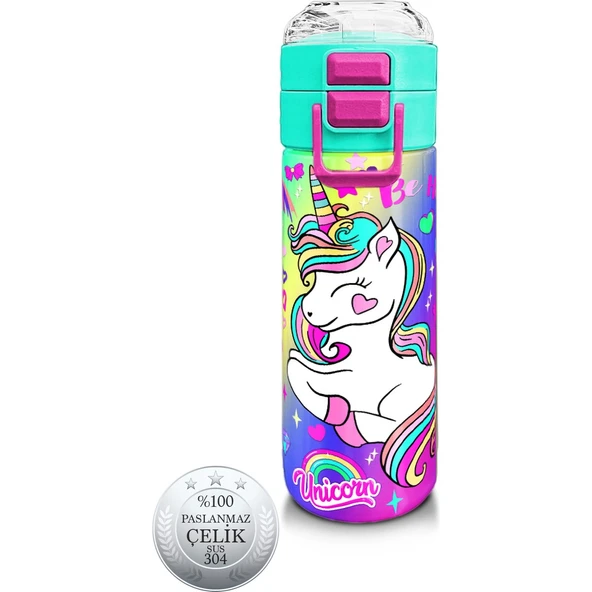 Coral High Kids Lavanta Su Yeşili Unicorn Desenli Pipetli ve Direkt Içim Çelik Termos 500 ml 31937 ürün görseli 1