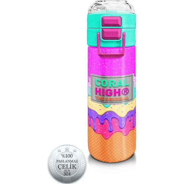 Coral High 500 ml Pembe Rengarenk Dondurma Desenli Çelik Termos Hafif ve Sızdırmaz Tasarım ürün görseli 1