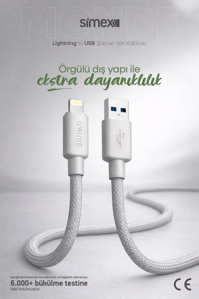 Simex USB to Lightning Hızlı Şarj Kablosu, iPhone 7/8/X/11/12/13/14 Serisi Uyumlu, Gri, 1 Metre ürün görseli 1