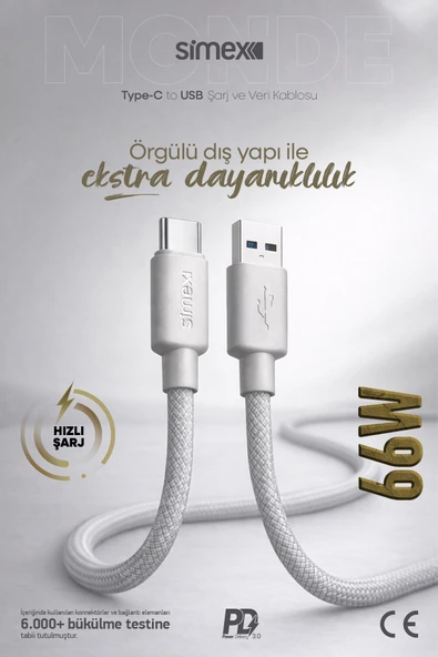 Simex 66W USB to Type-C Süper Hızlı Şarj Kablosu - Samsung, Huawei, Honor, Vivo, Uyumlu Gri, 1 Metre ürün görseli 1
