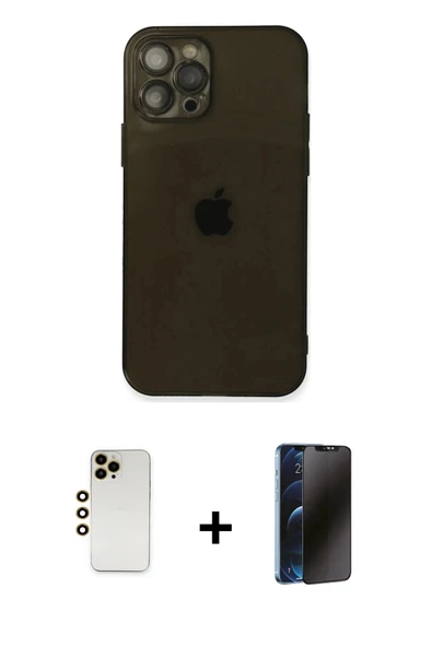 MARSİLYAN™- iPhone 12 Pro Kılıf Ahenk Doku - Siyah 3D Antistatik Hayalet Cam Ekran Koruyucu + Shine Kamera Lens - GD ürün görseli 1